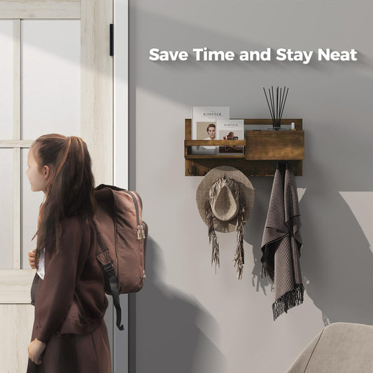 LubanNese Key Holder Wall Mounted, 16 X 8 Farmhouse Key Hanger Key Rack with Shelf for Entryway, Mail Organizer with Key Hook, Includes Free Picture Frame, Rustic Brown