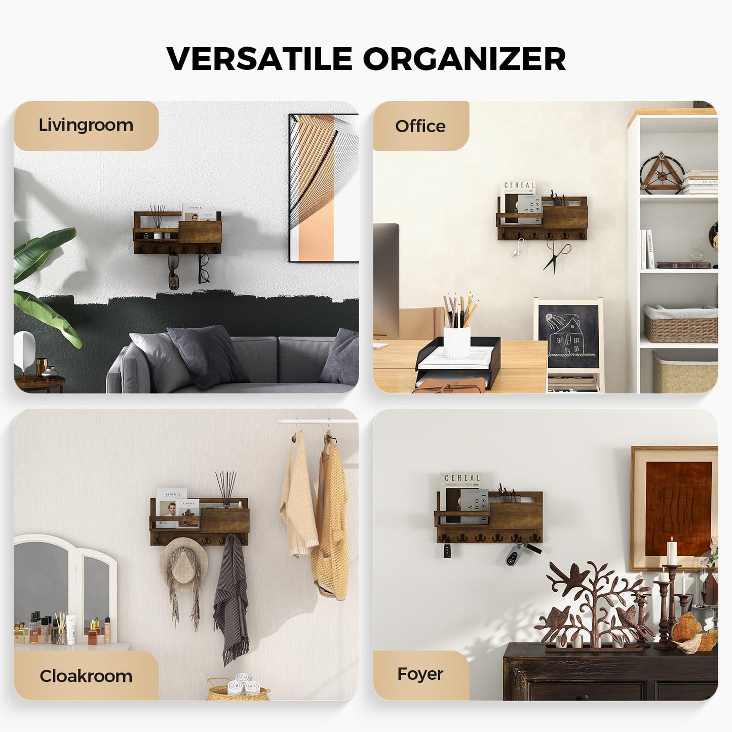 LubanNese Key Holder Wall Mounted, 16 X 8 Farmhouse Key Hanger Key Rack with Shelf for Entryway, Mail Organizer with Key Hook, Includes Free Picture Frame, Rustic Brown